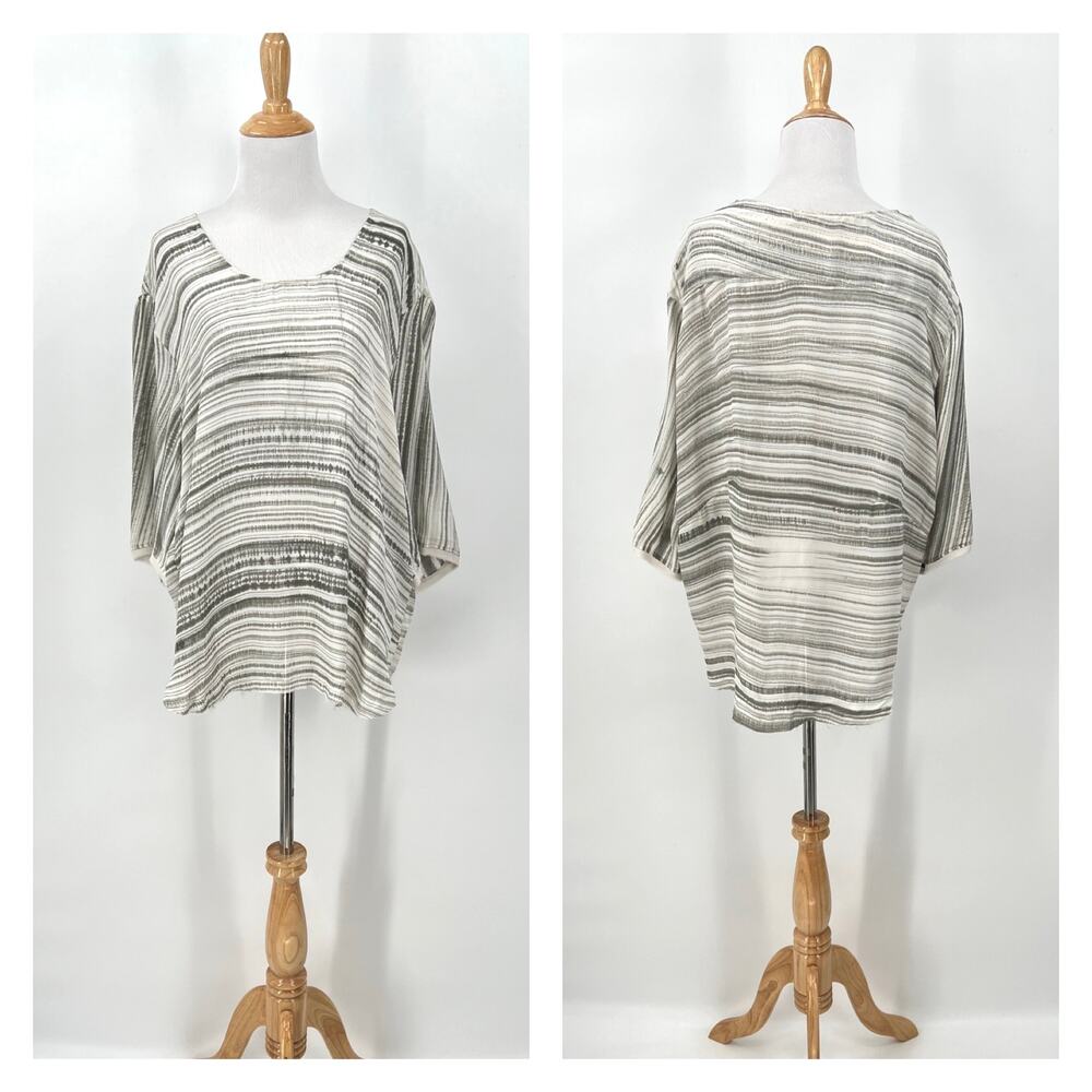 PAHROAH COLLECTION Silk Printed Tunic Top Large White Gray Short Sleeve Cocoon